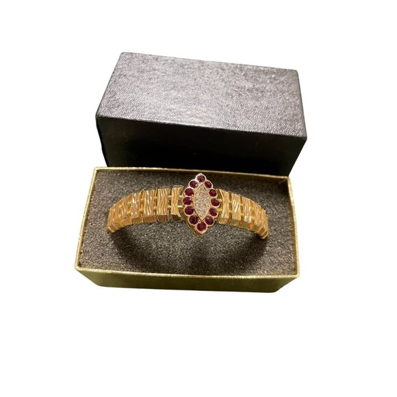 1970s Cuff Bracelet By Elegante Ruby Red Rhinestone Gold Tone-NOS MCM R - Picture 1 of 5